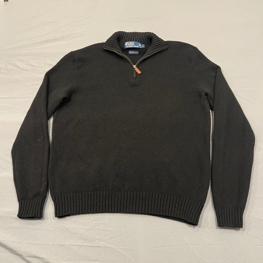 Polo Ralph Lauren Mens Black 100% Lambswool Quarter Zip Sweater Large Italian